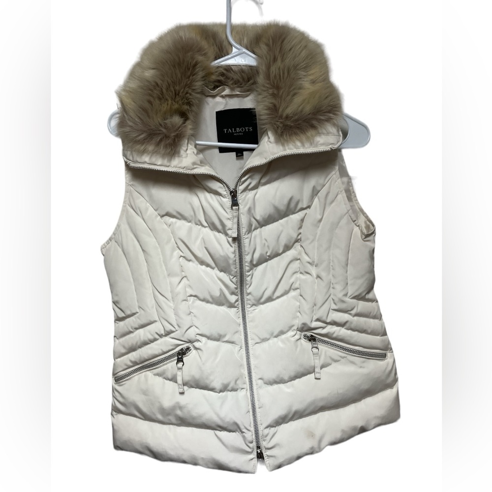 Talbots Faux Fur Down Alternative Filled Off White Puffer Vest Petite Medium